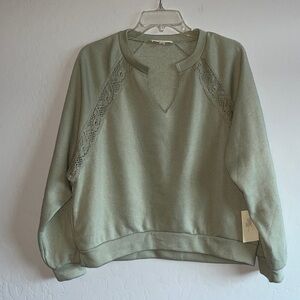Pie in the Sky Sage Green Lace Detail Pullover Cozy Fleece Sweatshirt Size L